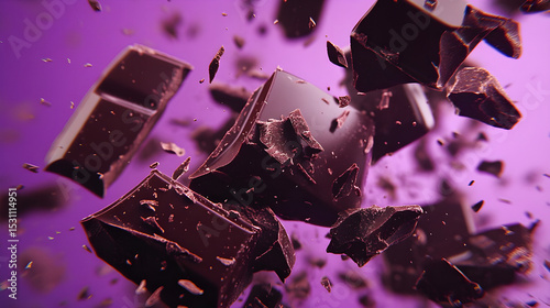 Dark Chocolate Chunks on Vibrant Purple Background – Food Concept
