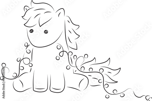 cute little pony funny sitting and holding christmas garland in mouth, front view, simple hand drawn illustration, painted with a black brush