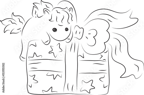 cute little pony climbed and lies on a big gift box with a big bow, simple hand drawn illustration, painted with a black brush