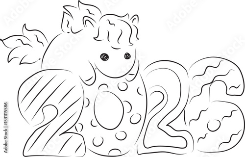 cute little pony climbed on the numbers 2026, New Year character, symbol of the year, simple hand drawn illustration, painted with a black brush