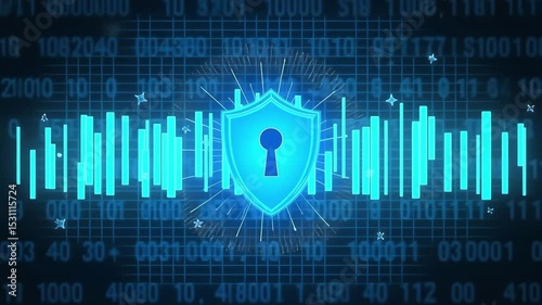 Digital security motion graphic with a glowing blue shield with a keyhole protecting data with code backdrop for cybersecurity and data privacy concepts.