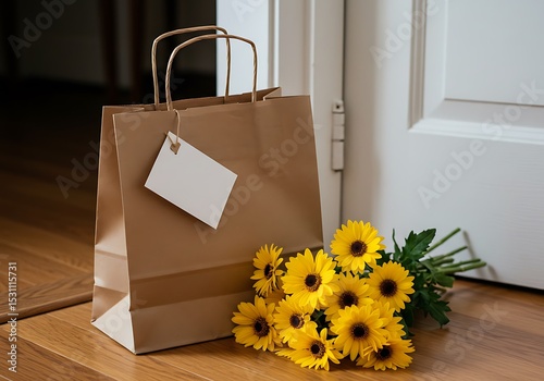 Gift bag with blank tag and sunflowers left at door, surprise delivery