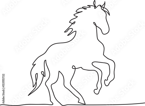 silhouette of a full-length rearing horse drawn with one continuous black line, simple hand drawn illustration