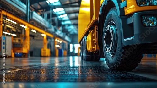 A yellow truck parked in a factory with a blue light shining through the windows.