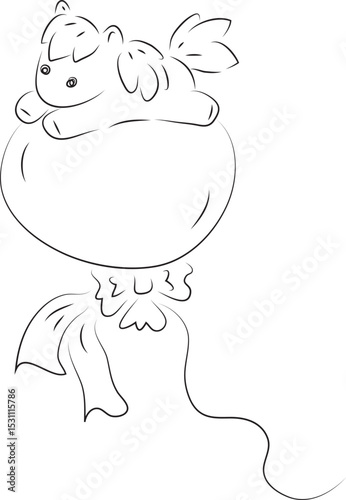 cute little pony lies and flies on a big balloon, simple hand drawn illustration, painted with a black brush