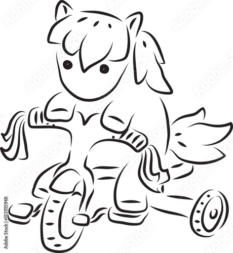 cute little pony horse riding on kids tricycle, simple hand drawn illustration, painted with a black brush