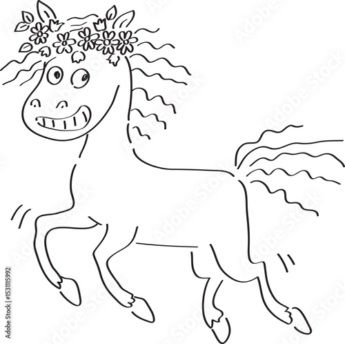 funny grinning galloping horse in full growth with a wreath of flowers on its head, simple hand drawn illustration, painted with a black brush