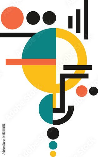 Abstract geometric art with circle line and semicircle shapes in teal orange yellow black and white modern and playful style
