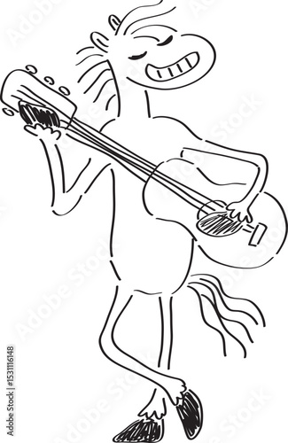 funny smiling horse standing on hind legs and playing guitar, full length, front view, simple hand drawn illustration, painted with a black brush