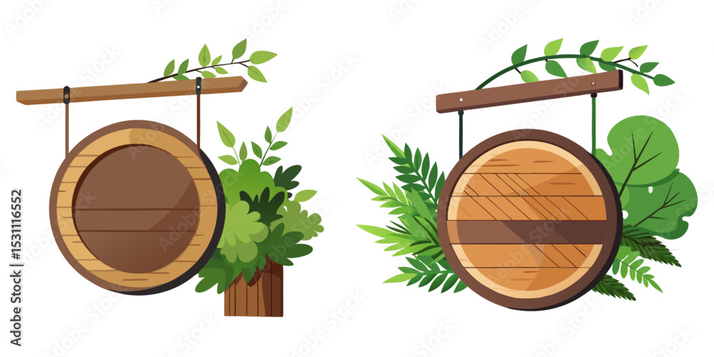 Naklejka premium Circular wooden hanging sign, surrounded by greenery, on a minimalist restaurant facade