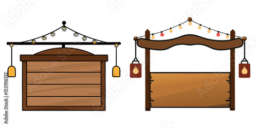 Blank reclaimed wood sign, suspended above an entrance with string lights, evening setting