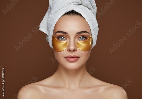 Woman with towel and gold eye mask for skincare treatment on brown background