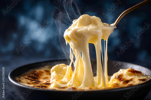 Spoon lifting melted cheese from a bowl of steaming potatoes au gratin
