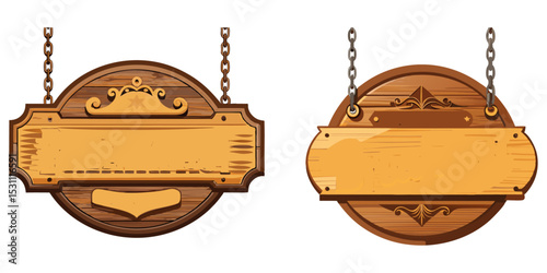 Circular wooden sign hanging by chains, vintage design outside a breakfast restaurant