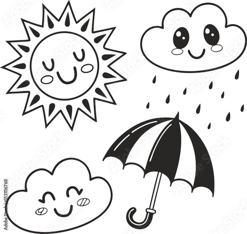 Cute cartoon weather icon set with smiling sun, cloud, and umbrella for fun summer nature sky design