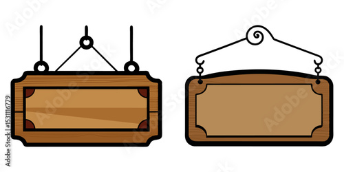 Hanging wooden sign with black metal hooks, blank, in a French bistro setting