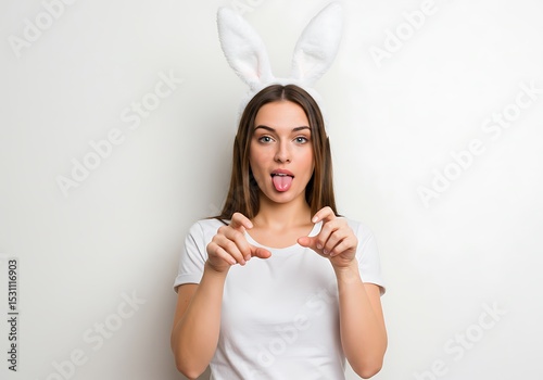 Young woman with bunny ears sticking out tongue and making a gesture
