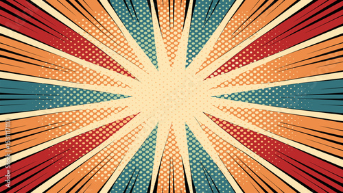 Dynamic and colorful pop art explosion background featuring radiating lines and halftone patterns for impact