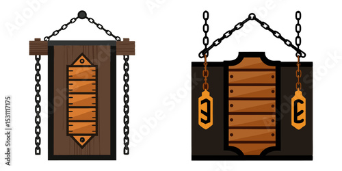 Tall vertical wooden sign hanging by industrial-style chains on a black café wall