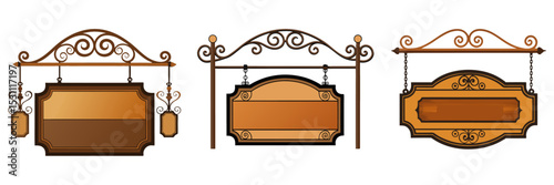 Vintage hanging sign with iron scrollwork, wood panel in the center, no text, cozy alley café