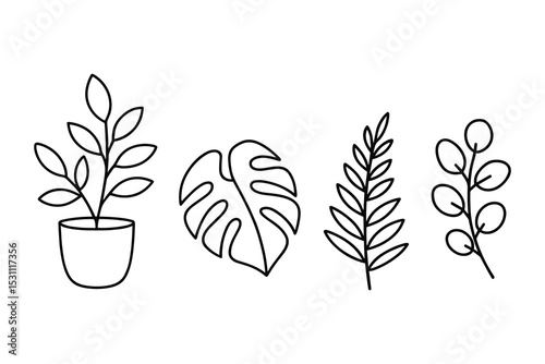 Collection of simple vector line art featuring a potted plant, monstera leaf, and other plants.