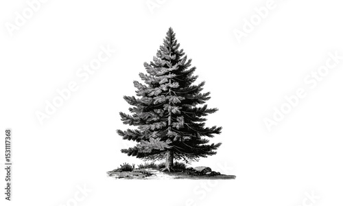 Vector illustration, Silver Fir Tree, pine tree artwork, botanical sketch, wild forest elements, evergreen branch design, natural landscape, seasonal greenery concept.