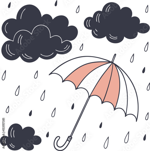Blue cartoon umbrella with seamless rain and cloud pattern for weather protection illustration
