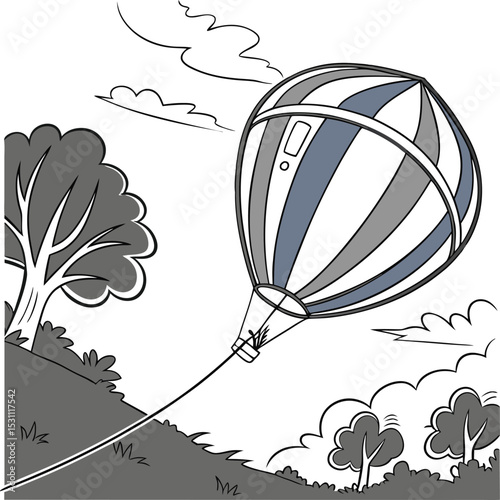 Hot air balloon flying in the sky with a basket, a symbol of summer travel and adventure