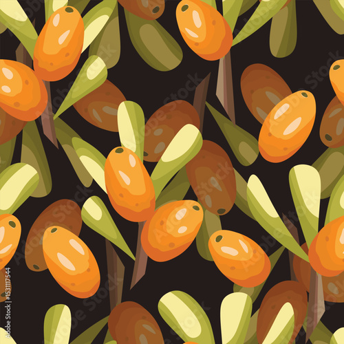 Seamless pattern with sea buckthorn. Natural fresh ripe tasty berries. Vector illustration for background, packaging, textile, fabric and various other designs.