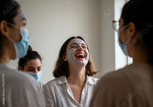 Laughing woman with facial mask surrounded by friends wearing medical masks