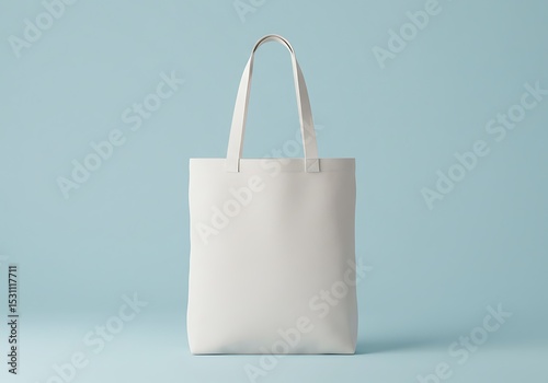 Minimalist white tote bag stands against a light blue background