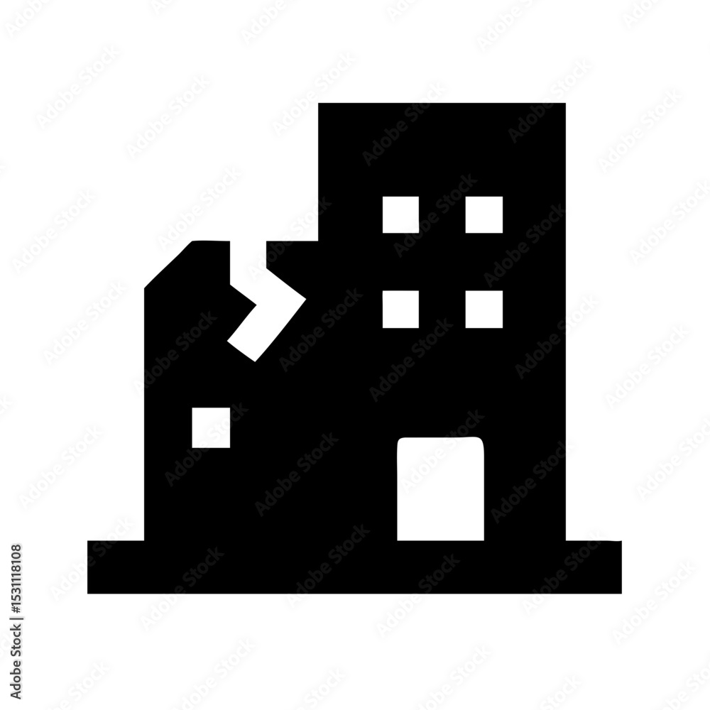 Icon of a damaged building to signify destruction or disrepair Icon of a damaged building to signify destruction or disrepair