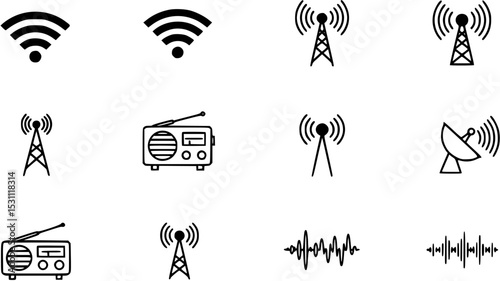 Wireless signal icons set includes wifi, antenna, radio, sound waves, perfect for tech design, communication network, audio visual vector illustration

