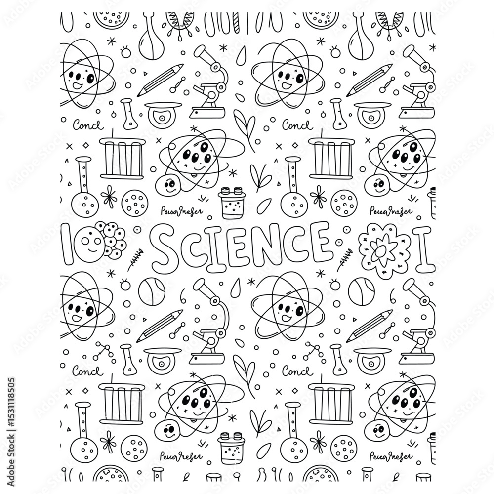 Obraz premium a seamless repeating pattern of hand-drawn doodle icons and scientific equipment for educational design
