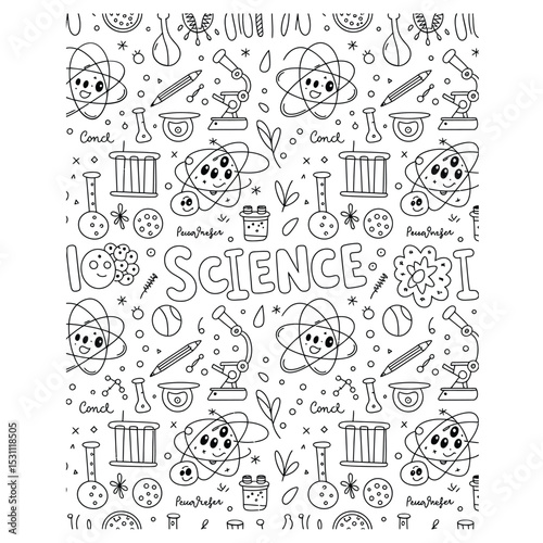 a seamless repeating pattern of hand-drawn doodle icons and scientific equipment for educational design