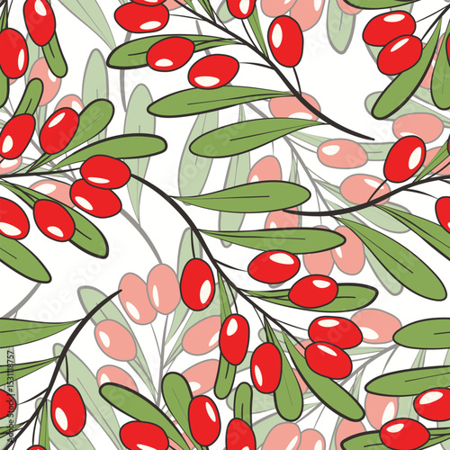 Seamless pattern with sea buckthorn. Natural fresh ripe tasty berries. Vector illustration for background, packaging, textile, fabric and various other designs.