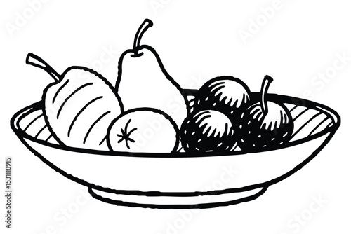 Hand drawn illustration of a fruit bowl containing pears apples and a small citrus fruit for healthy eating.