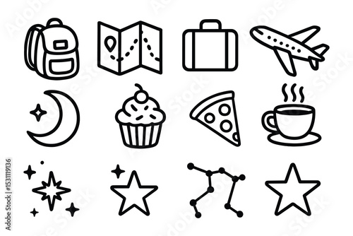 Travel icon vector set in outline style. Vacation and adventure symbols on a white background.