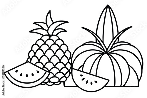 Simple black and white line art illustration of a pineapple, watermelon slices, and a cantaloupe or melon.