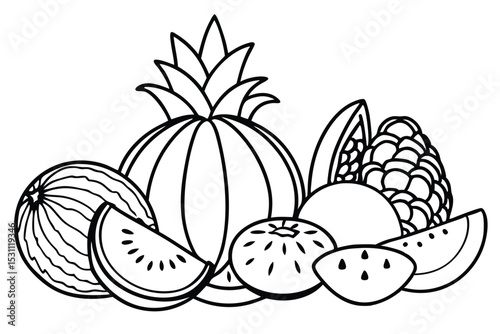 A black and white illustration of assorted fresh fruits including watermelon pineapple orange and other delicious fruits