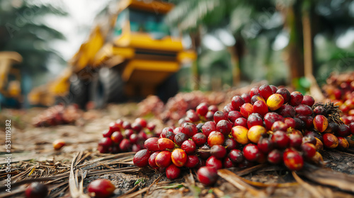 Close-up of ripe palm oil fruits on the ground.