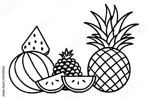 Black and white illustration of delicious tropical fruits featuring watermelon pineapple and raspberry designs