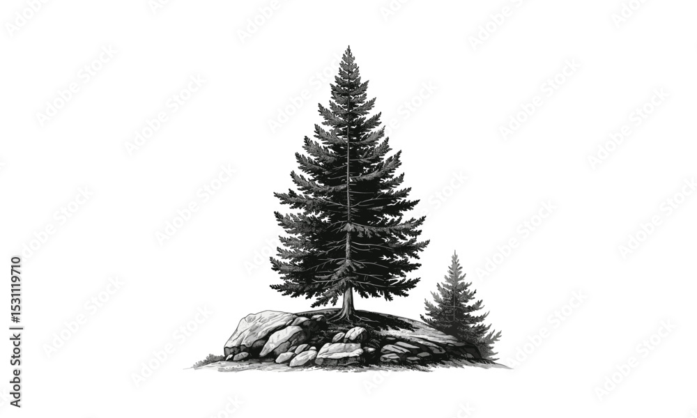 Obraz premium Spruce Tree Illustrations, vector illustration, forest landscape, pine tree clipart, nature design elements, conifer tree art, seasonal greenery, outdoor scenery.