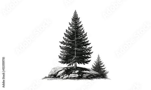 Spruce Tree Illustrations, vector illustration, forest landscape, pine tree clipart, nature design elements, conifer tree art, seasonal greenery, outdoor scenery.