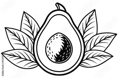 Simple black and white vector illustration of a delicious avocado half with surrounding leaves