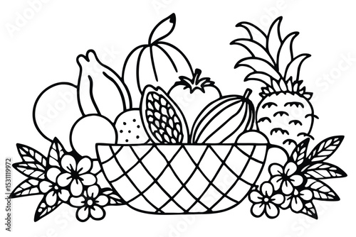A black and white line art illustration featuring a basket overflowing with various fresh fruits and decorative floral accents