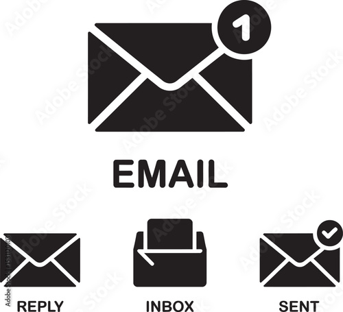 Email icon set with envelopes messages and communication symbols