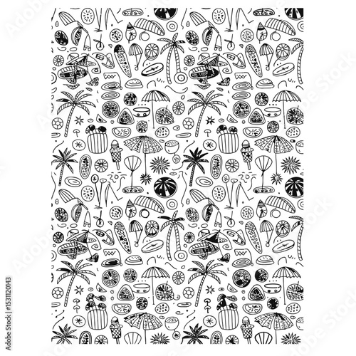 a seamless repeating pattern of hand-drawn doodle icons capturing the fun and vibrancy of a summer beach vacation