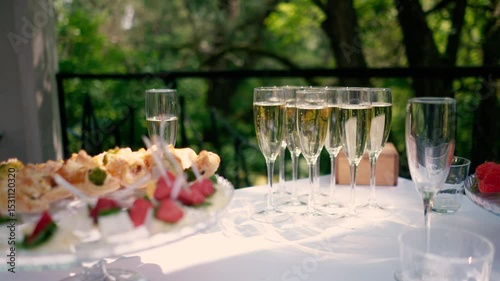 A glass of champagne stands on the festive table at the wedding of the bride and groom. Catering service on banquet food set on birthday, wedding celebration or business conference event venue