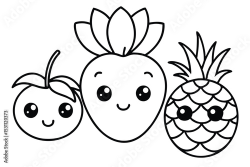 Cute cartoon fruits in outlines including a smiling tomato strawberry and pineapple vector illustration